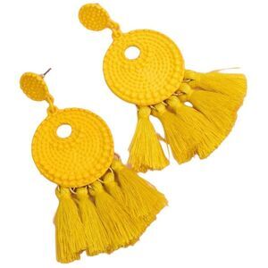 Boho Yellow Marigold Tassel Circle Drop Fringe Earrings